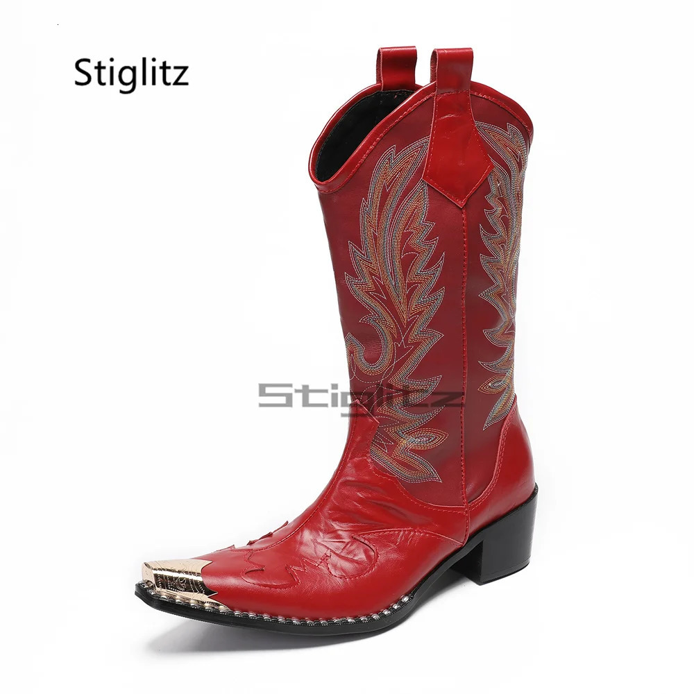 Totem Embroidery Western Cowboy Boots for Men Red Retro Mid-Calf Boots 6Cm Pointed Toes Mens Shoes Genuine Leather Winter Boots 250715
