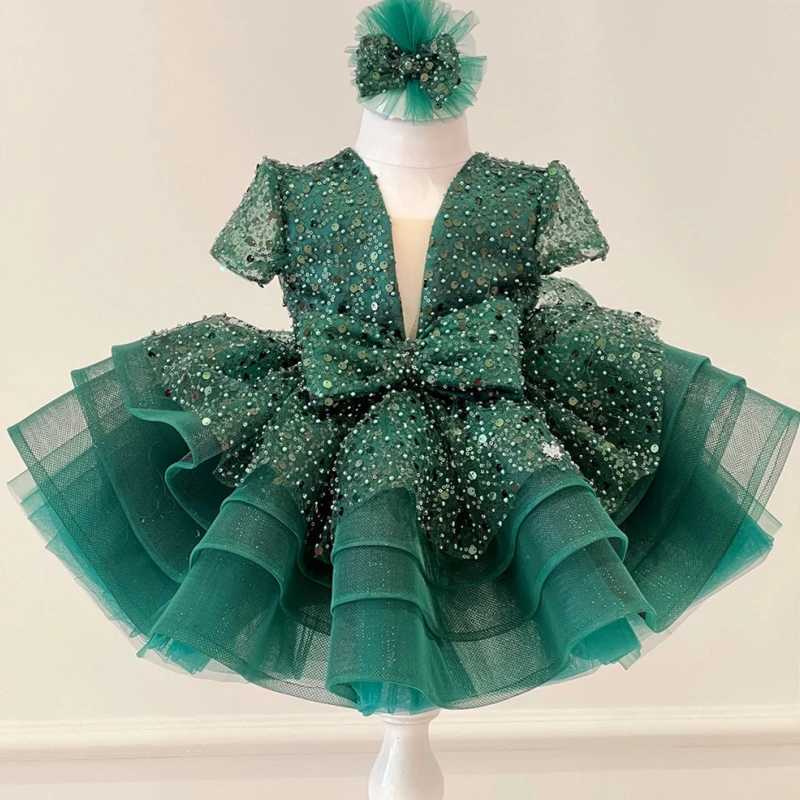 Customized Flower Girl Dresses Cute Pink Glitter Sequined Shiny Puffy Organza With Bow Fit Wedding Party Princess Ball Gowns Z250716