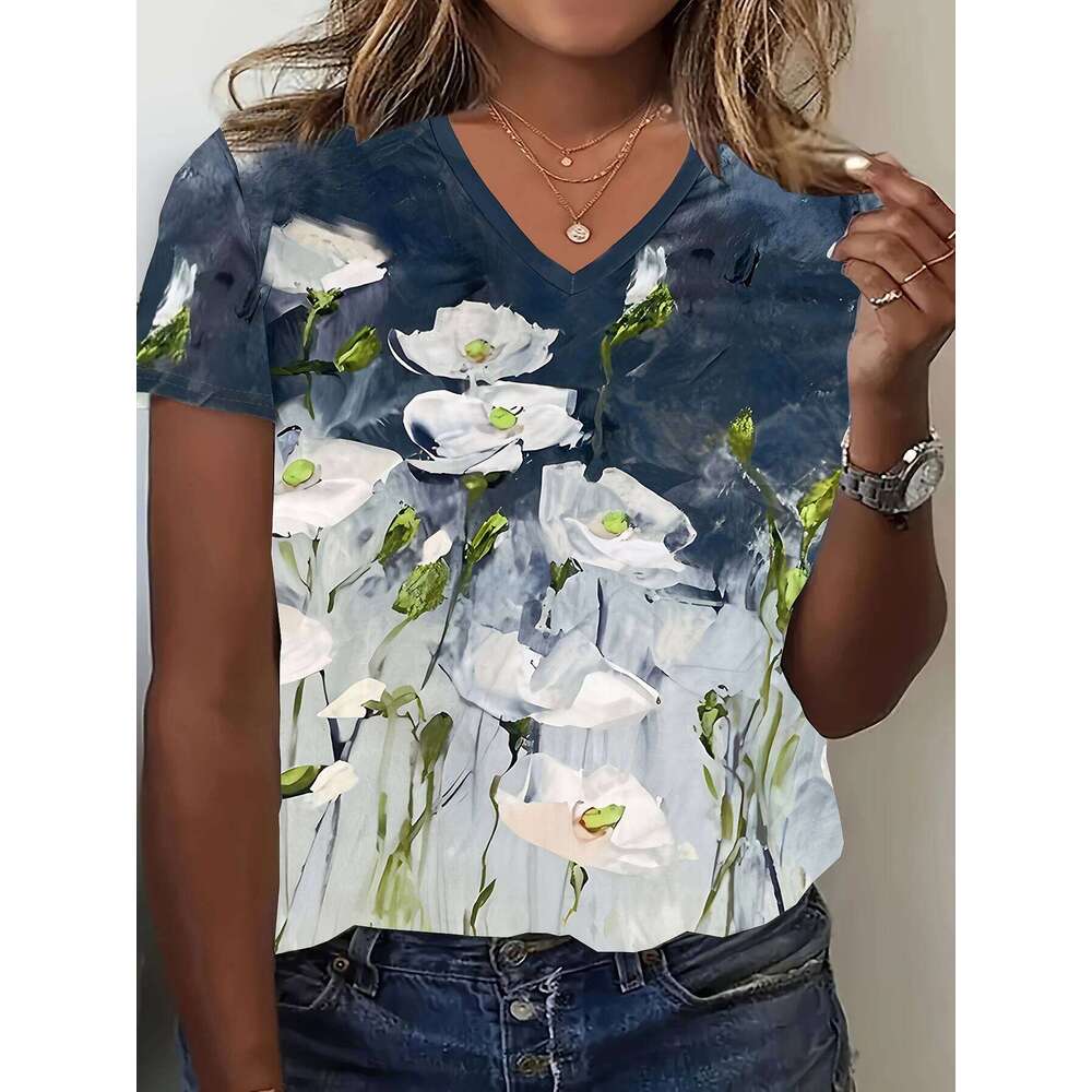 Women Elegant Simple V-Neck Short Sleeve 3D Floral Print Top Summer Casual Ladies T-Shirt Vintage Pullover Tops