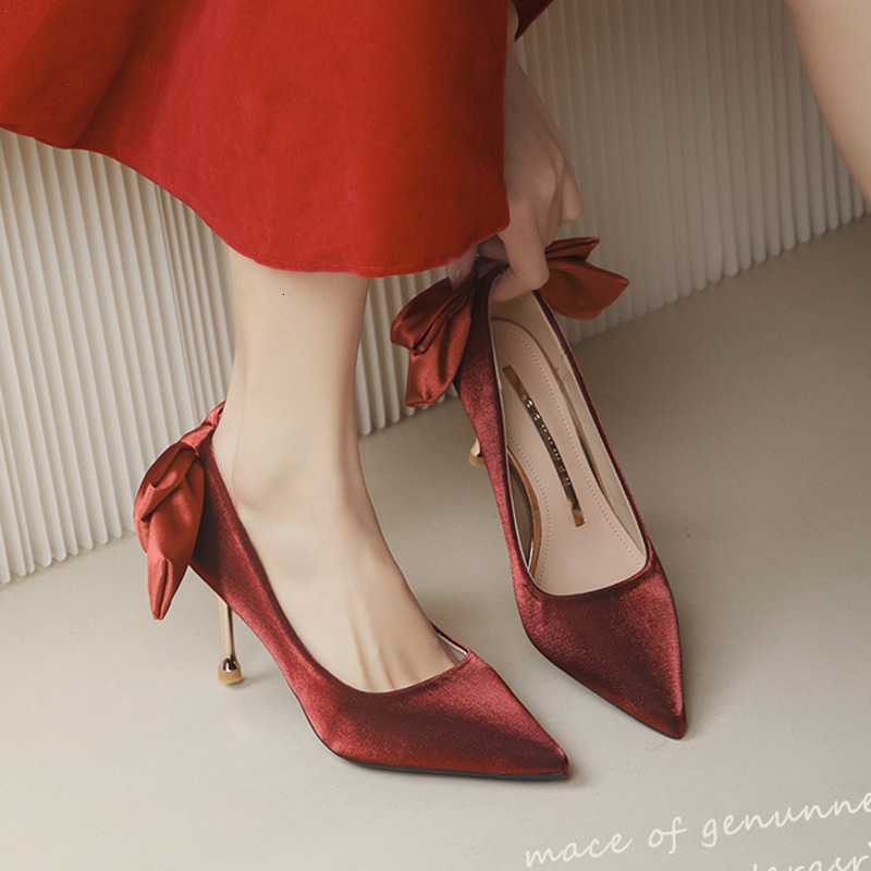 Satin for Women Bride Red Elegant Xiuhe Wedding Dress Two-Way Toast Shoes French Style High Heels Comfortable ddmysaturn