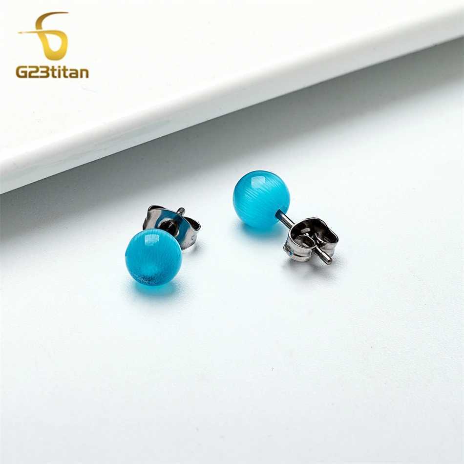 Blue Cat Eye Opal Stone Earrings For Women Lady Medical G23 Titanium Lobe Piercing Jewelry Round Ball Bead Ear Stud Girls Gift y250715