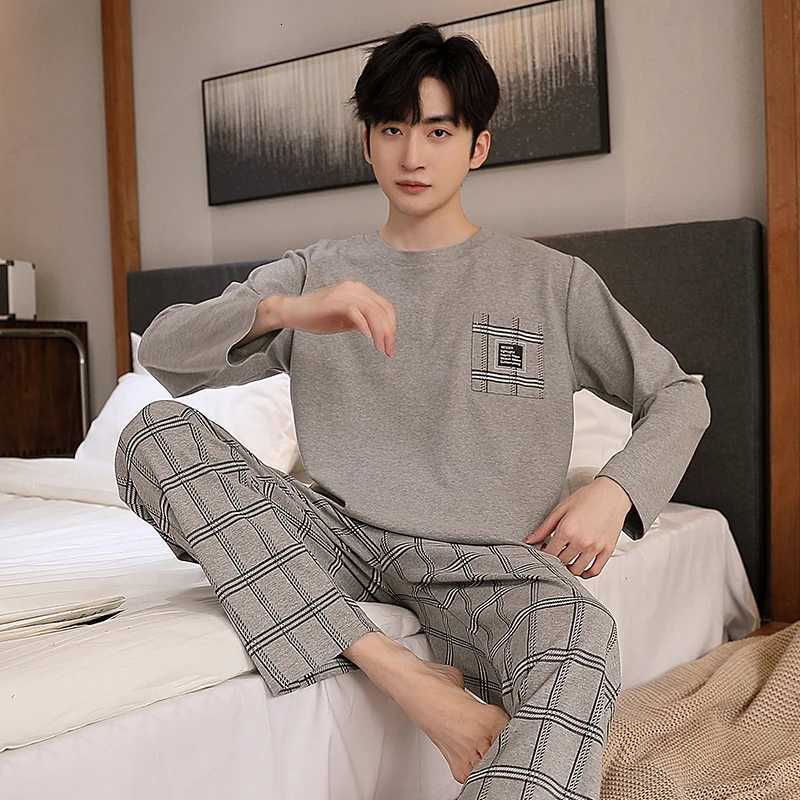 5XL Spring and Autumn Knitted Cotton Plaid Pajamas Set Men Long Sleeve Sleepwear Casual Soft Pajamas Male Home Clothing W250717