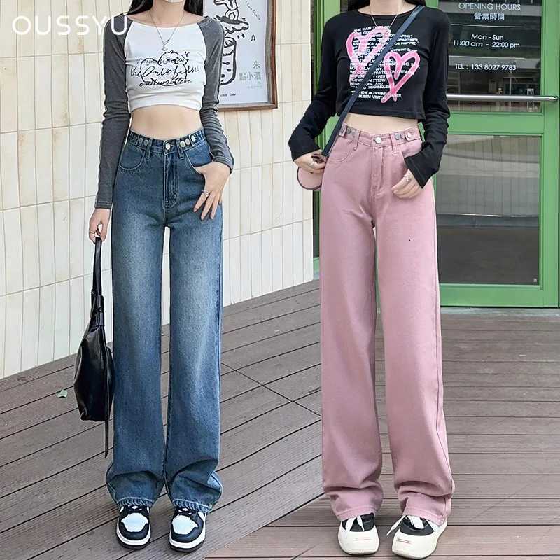 ousyu Women Jeans High Waist Wide Leg Loose Straight Adjustable Waist Denim Pants Vintage Quality Fashion Korea Trousers R250716