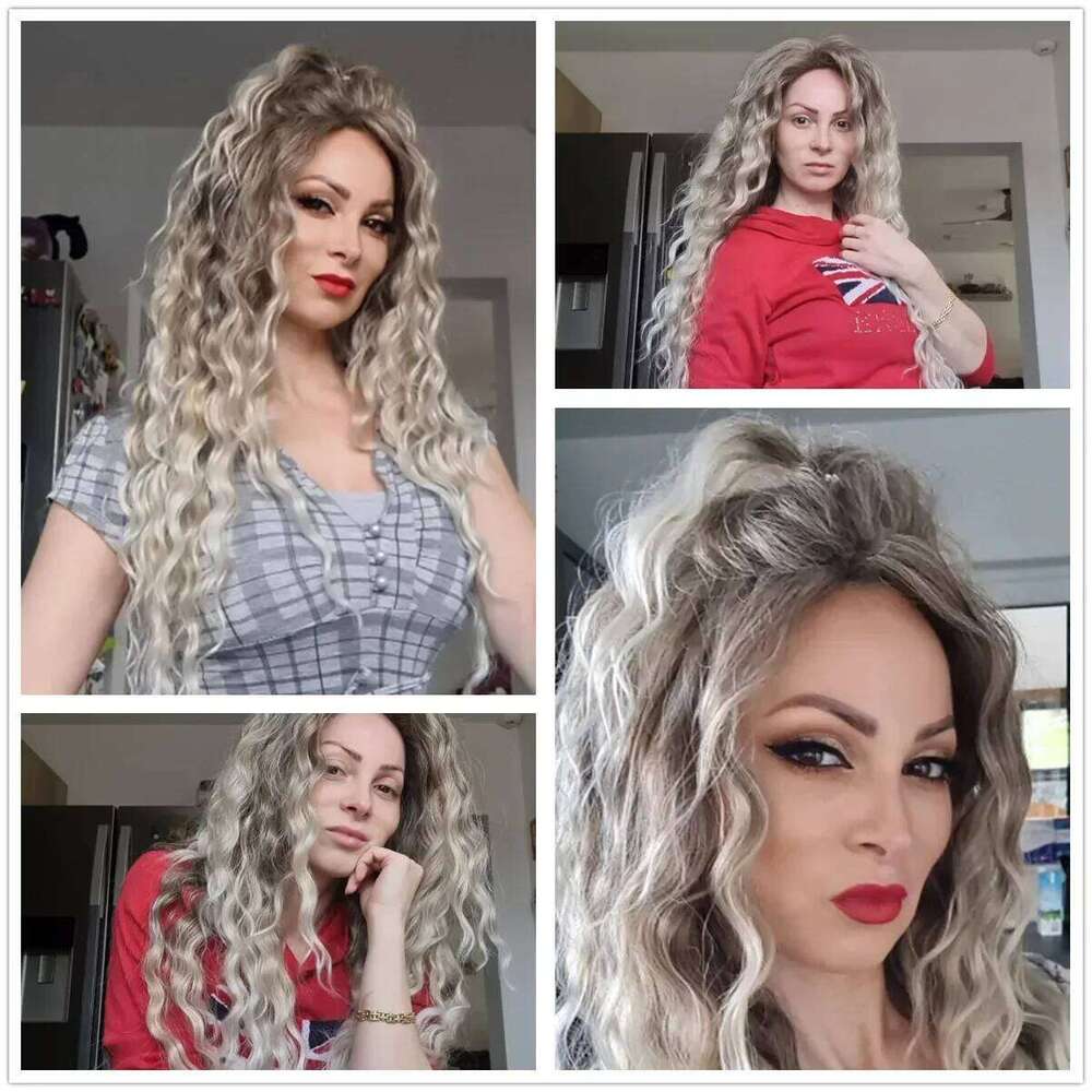 Womens Long Synthetic Hair Ombre Blonde Curly Female Natural Wavy Drag Queen Regular Wig 80S Gradient Wigs For Student