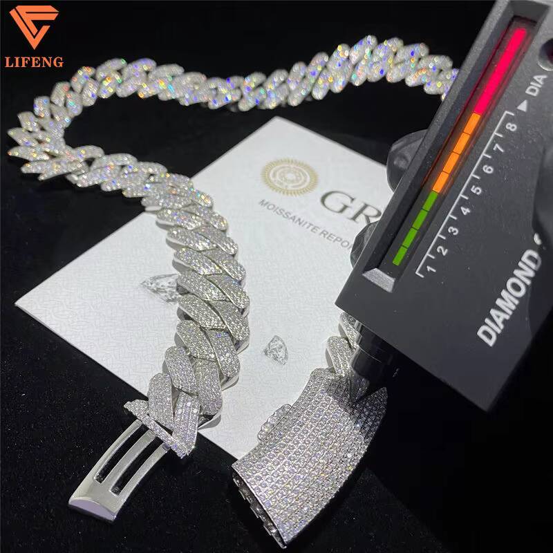 Full Iced VVS Moissanite Cuban Link Necklace 925 Sterling Silver Bling Diamond Hip Hop Jewelry for Men D Color