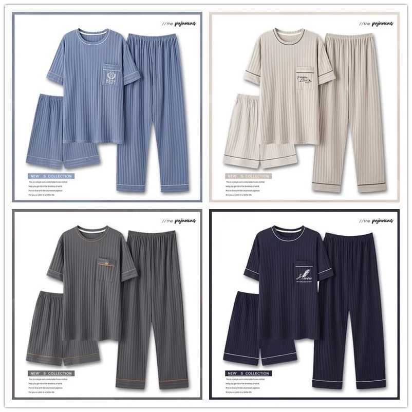 Mens Fashion Summer 3-Piece Pajamas Set Short Sleeve Round Collar Cotton Homewear Plus Size 5XL Shorts Loungewear Pajamas W250717