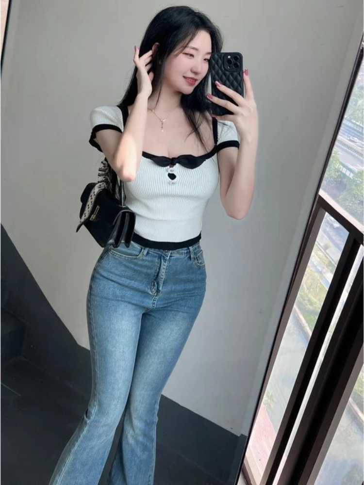 Woman Flared Jeans Blue Spring Autumn High Waist Shot Denim Pants for Women Stretch on Sale Clothes Vintage Unique 90s Trousers R250716