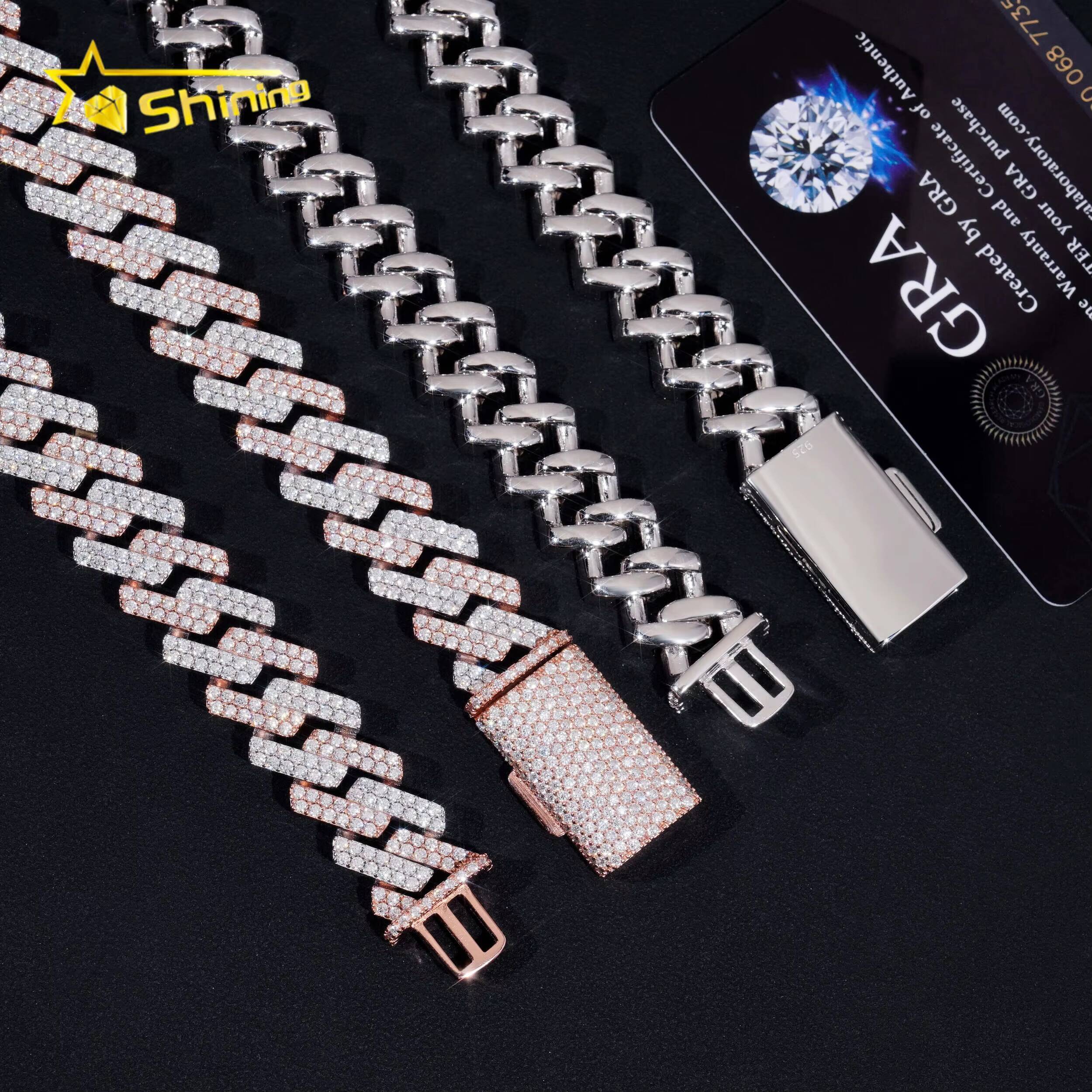 Hip Hop Jewelry High Quality 15mm Two Row Popular 925 Silver Moissanite Iced Cuban Link Chains