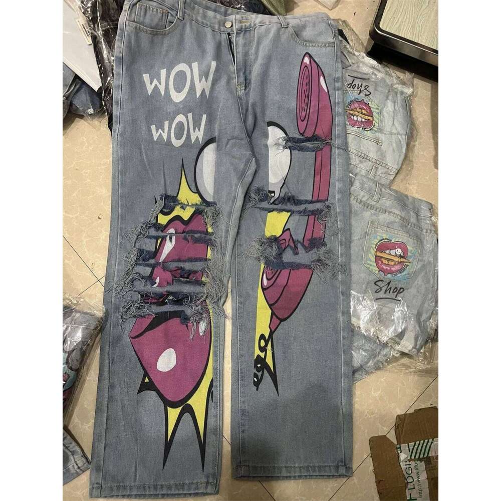 Straight Leg Jeans For Women Personalized Print Pattern Cracked Hole Street Fashion Spring And Summer New Spicy Girls, Y2k, 2024