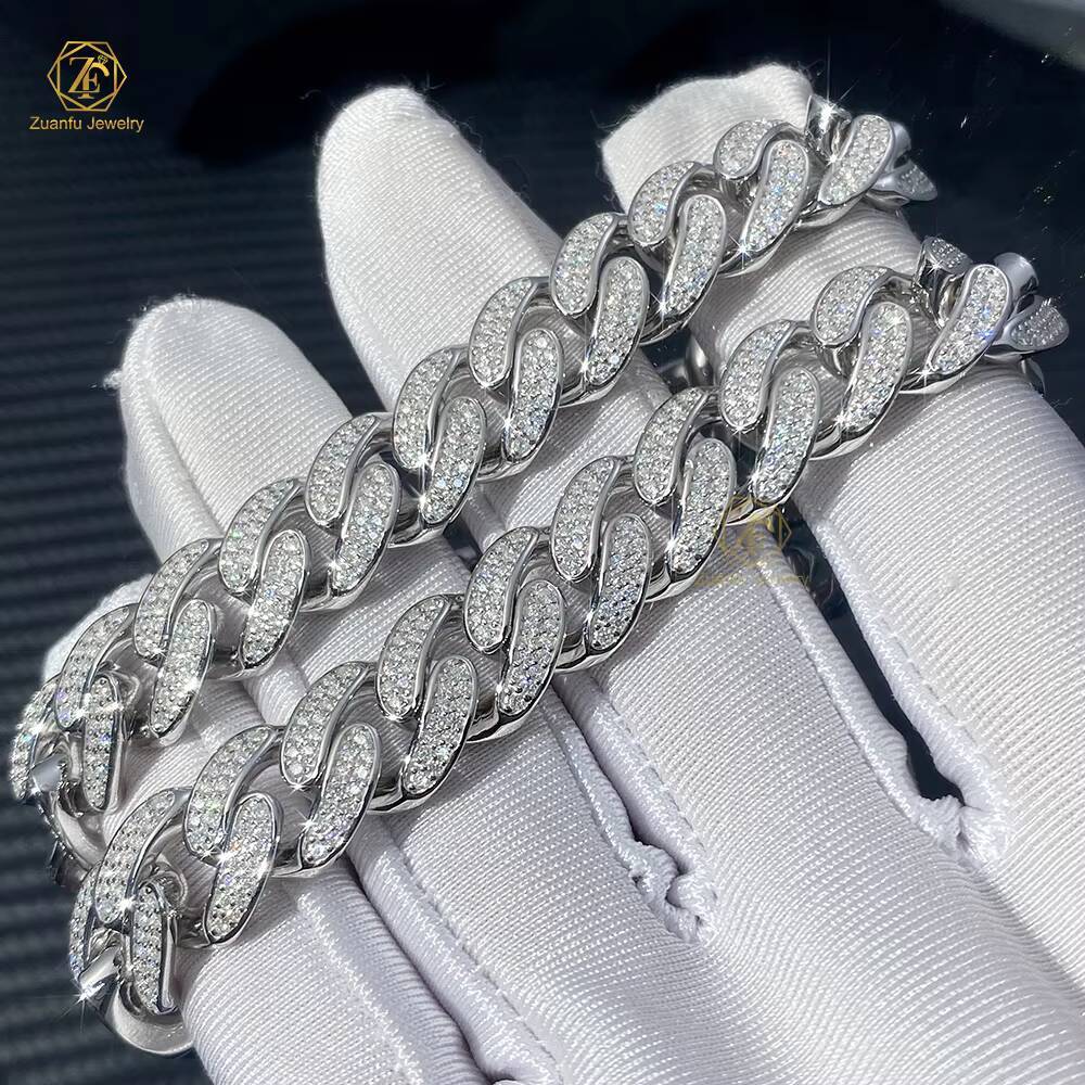VVS Moissanite Cuban Chain 925 Silver Prong 8mm-20mm Iced Out Hip Hop Cuban Link Necklace and Bracelets for Men and Women