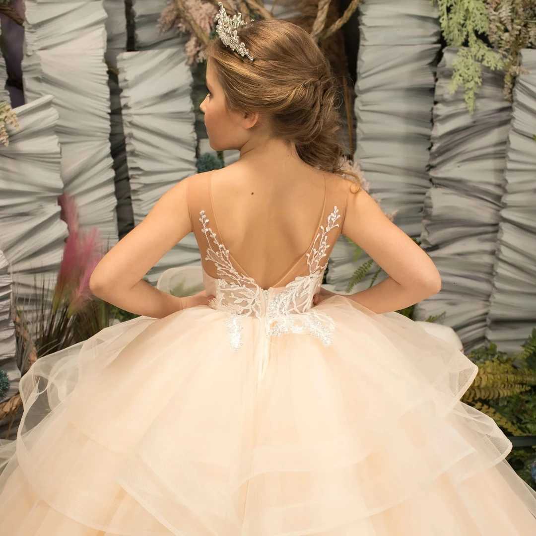Customized Light Champagne Flower Girl Dress Tulle Tiered Floral Appliques Sleeveless For Wedding Birthday Party Banquet Gown Z250716