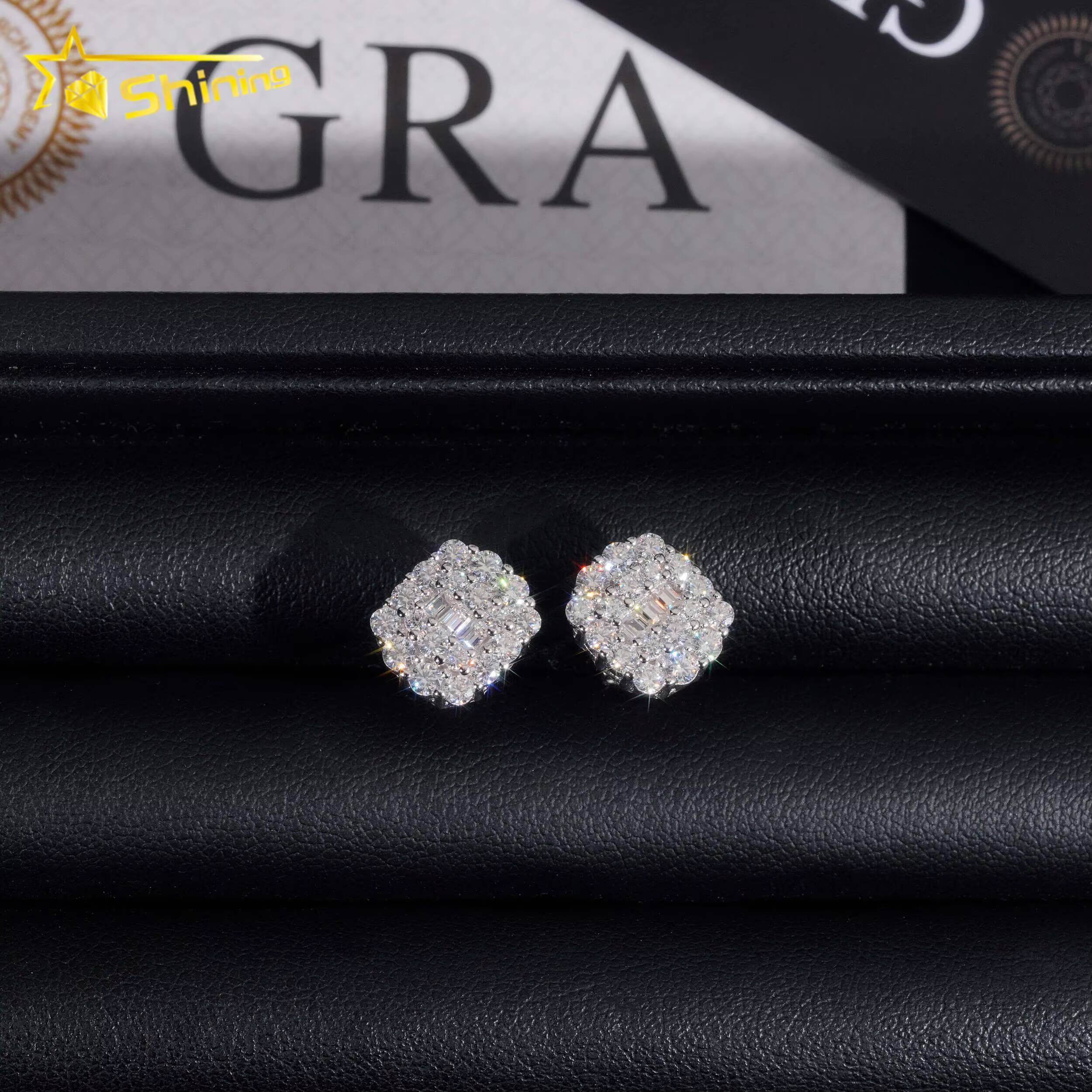 Promotion Price Pass Diamond Tester GRA Certified Fully Iced Out Hip Hop 925 Silver Jewelry Baguette Moissanite Stud Earrings