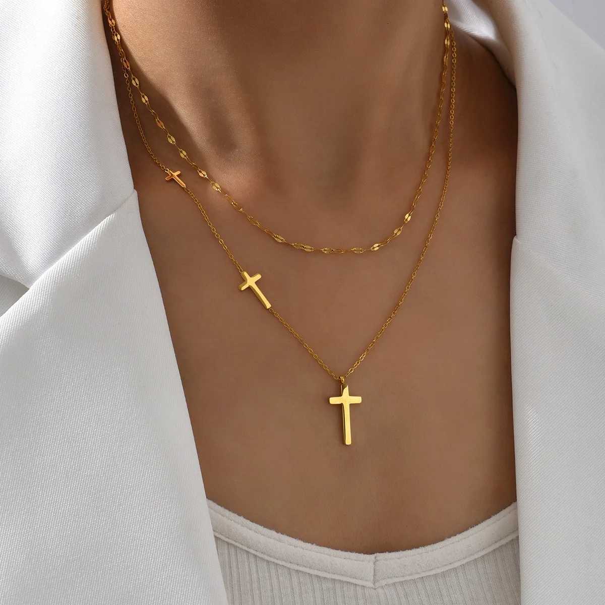 DIEYURO 316L Stainless Steel Golden Fashion Cross Double-layer Necklace For Women Girl Trend New Neck Chain Jewelry Party Gift W250528
