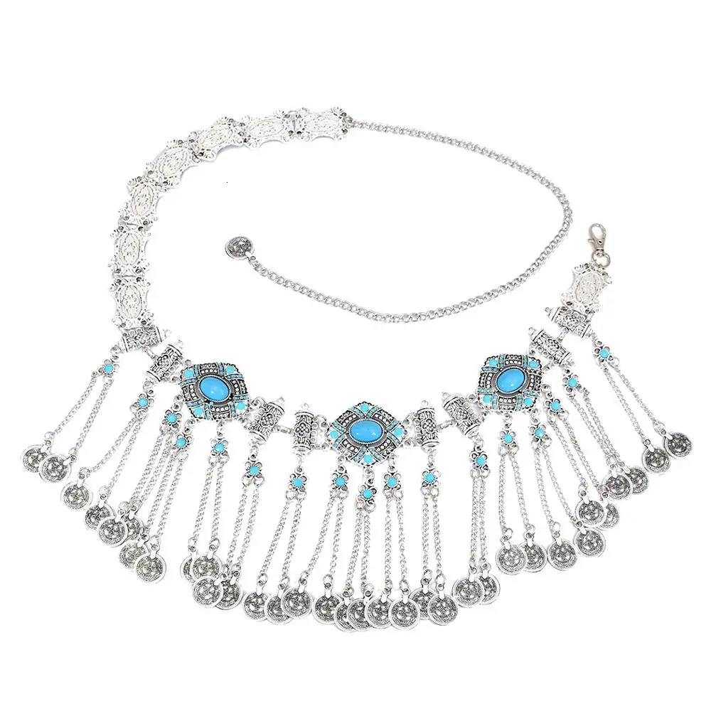 Afghan Alloy Blue Black Stone Belly Chains Hippie Coin Long Tassel Waist Chain Sexy Beach Dress Belt Women Body Jewelry 250716
