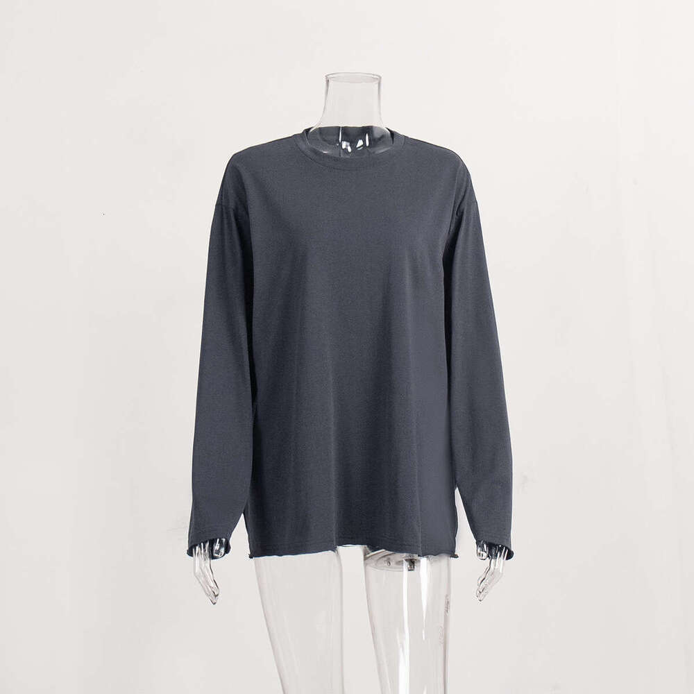 100% Cotton T-Shirt For Women Spring New Loose Solid Color Oversize Round Neck Long Sleeve Tee B5
