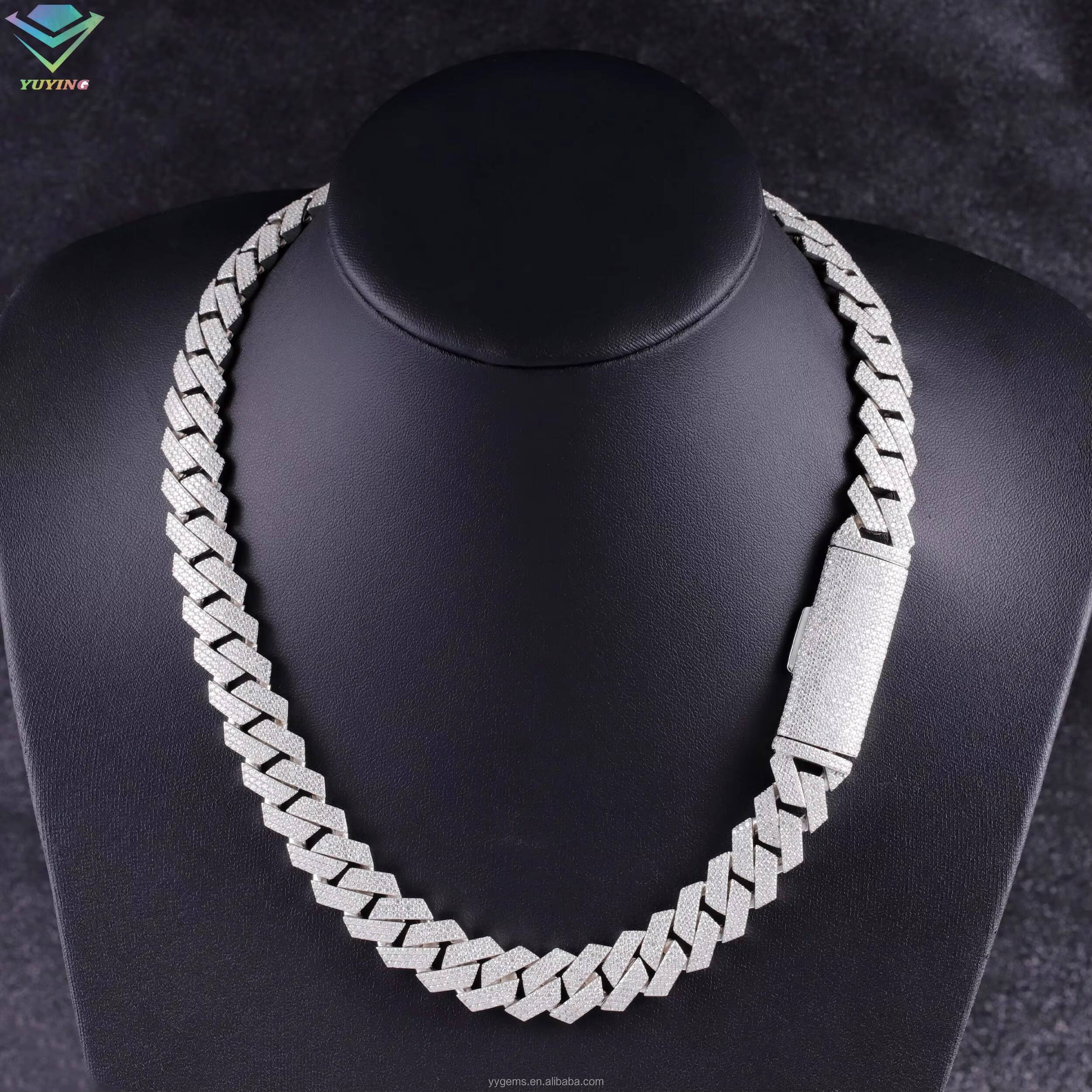 Heavy Silver 15MM 3Rows Cuban Chain Necklace 18k White Gold Plated VVS Moissanite Diamond Cuban Link Chain