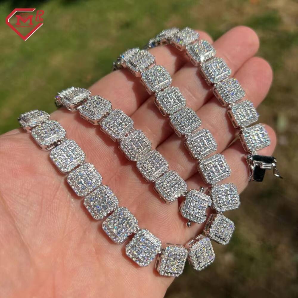 10mm Hiphop Tennis Chain Iced Out Pass Diamond Tester 925 Sterling Silver Square Cluster Moissanite Tennis Chain