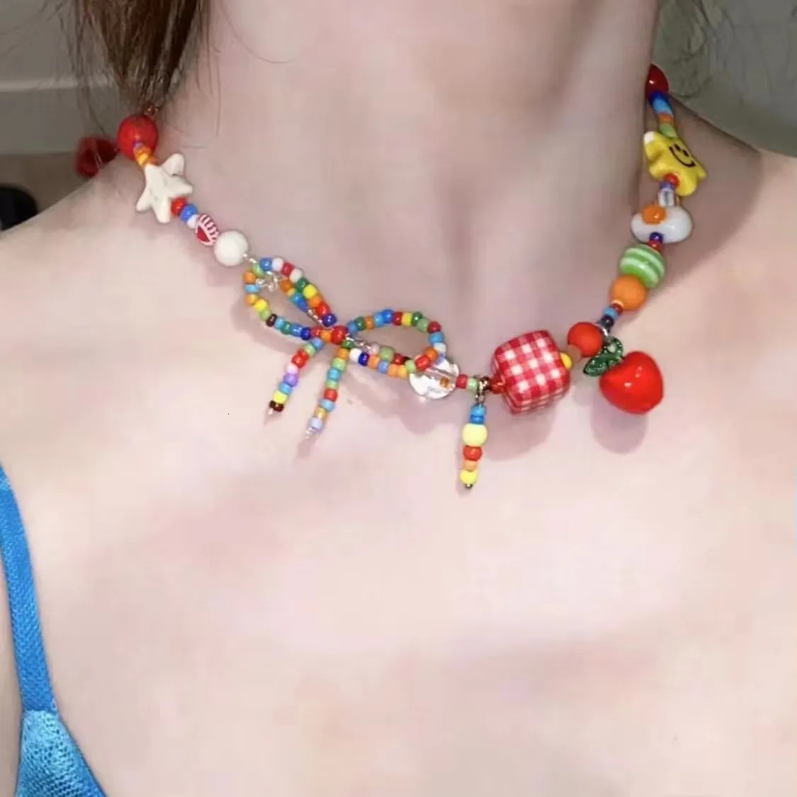 Kpop Fashion Heart Fruit Tomato Bowknot Pendant Colorful Beaded Necklace Woman Aesthetic Jewelry Cute Summer Y2K EMO Accessories 250715