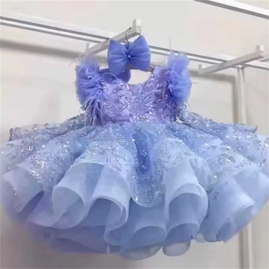 Feather Flower Girl Dresses for Wedding With Bow Pearls Appliques Knee Length Kids Birthday Dresses First Communion Gowns Z250716