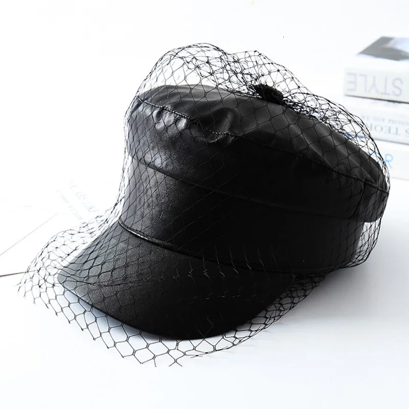 Spring and summer black PU lace veil sboy caps Fmale Flat top black Mesh letter multiple styles fashion hats 250716