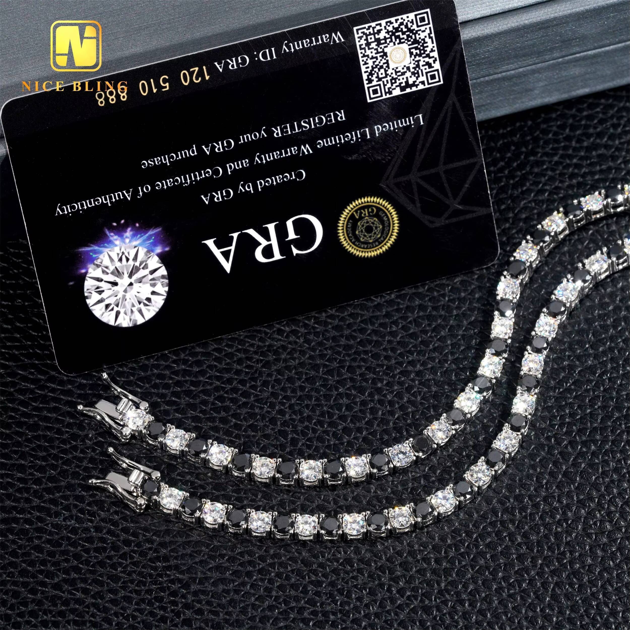 Hip Hop Rappers 4MM Moissanite Tennis Chains 4mm Black and White Lab Diamond Tennis Necklace Bracelets for Men Women