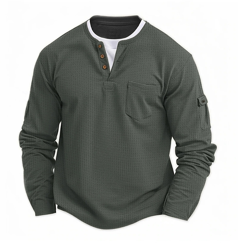 Mens Button Henley neck Shirt Long Sleeve Casual Solid color TShirt Fashion Waffle Cotton twopiece y250707