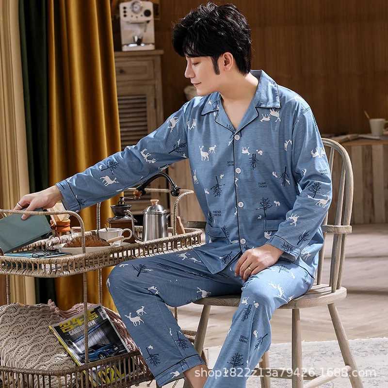 Mens Pajamas Long-sleeved Cardigan Print Pajamas Sleepwear Set Home Wear Men Nightwear Pajamas Sleep Tops W250717