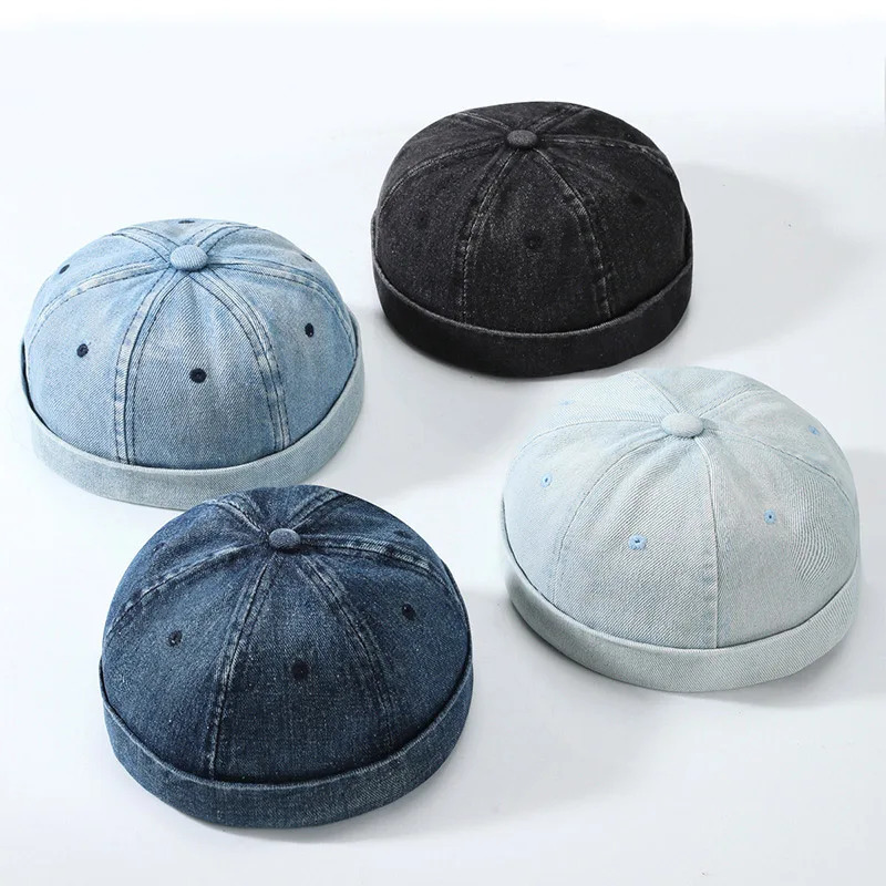 Hip Hop Blue Denim Washed Cotton Landlord Hat Docker Cap Rolled Edge Brimless Sailor Hat Solid Adjustable Beanie Hats Streetwear 250715