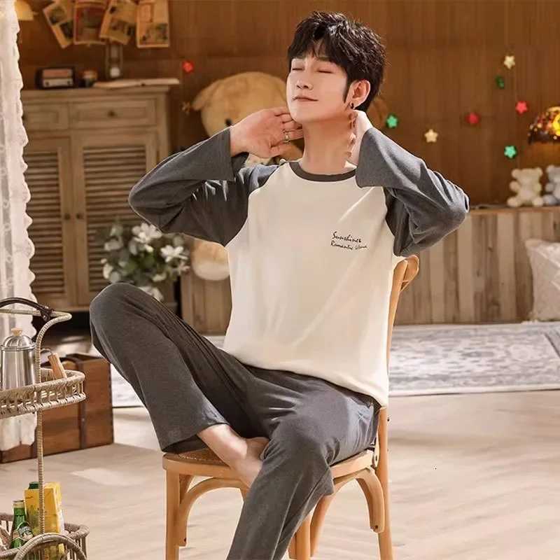 100% Cotton Long-Sleeved Simple Cartoon Dinosaur Pajamas Set for Men Sleepwear Homewear Students Two-Piece Nightwear Loungewear W250717