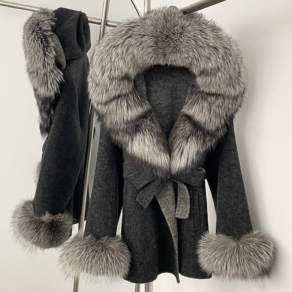 Petite High-End Feel Winter New Oversized Fox Fur Collar Double-Sided Wool Coat Womens Woolen Jacket