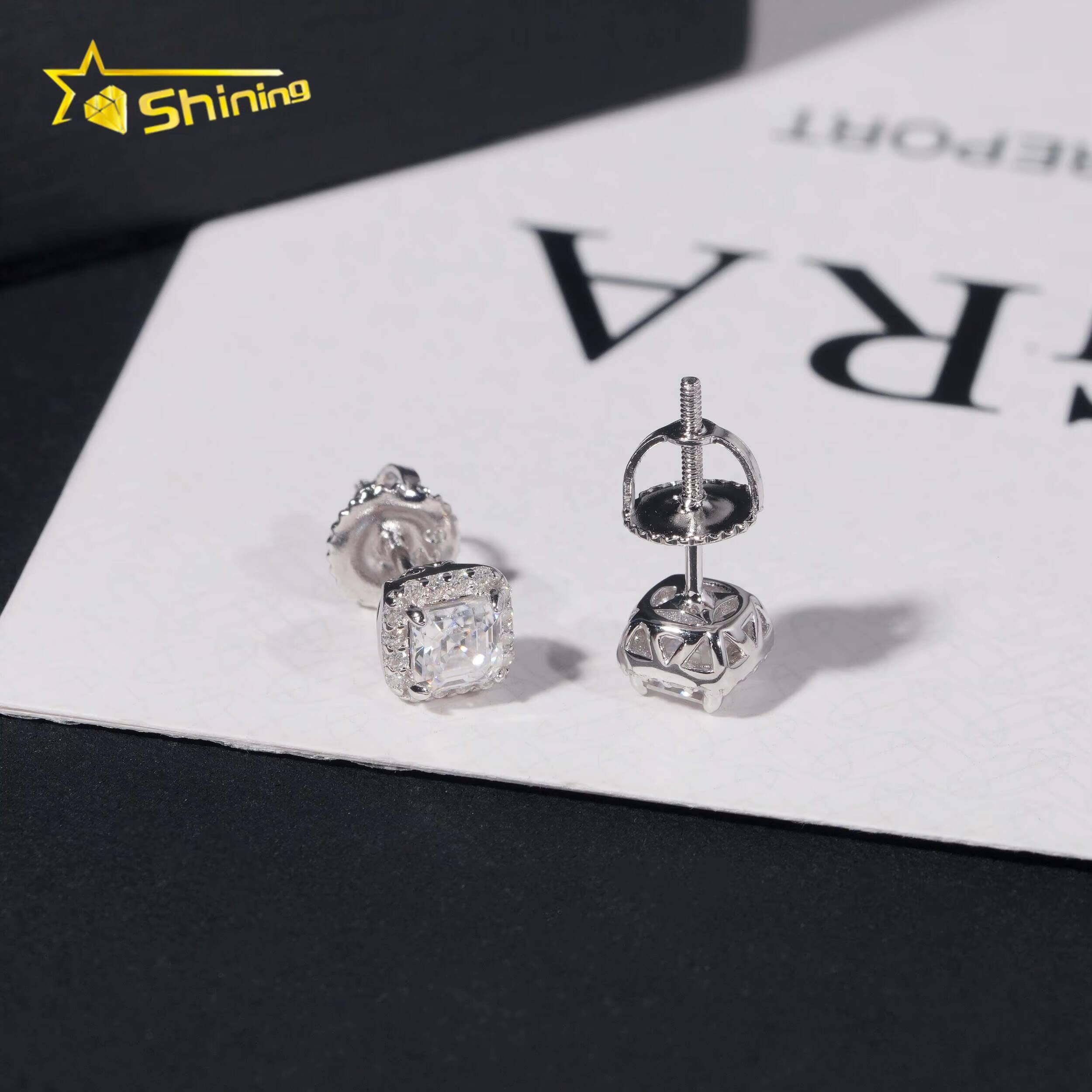 Pass Diamond Tester 925 Sterling Silver Hip Hop Stud Halo 4mm Asscher Cut Mens VVS Diamond Earring