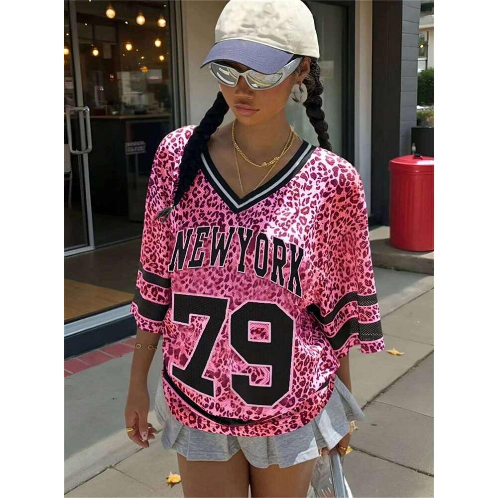 Summer Women'S New Leopard Print Digital Printed Mesh Jersey T-Shirt V Loose And Sexy Short Sleeved Street Wear Y2k Casual Top