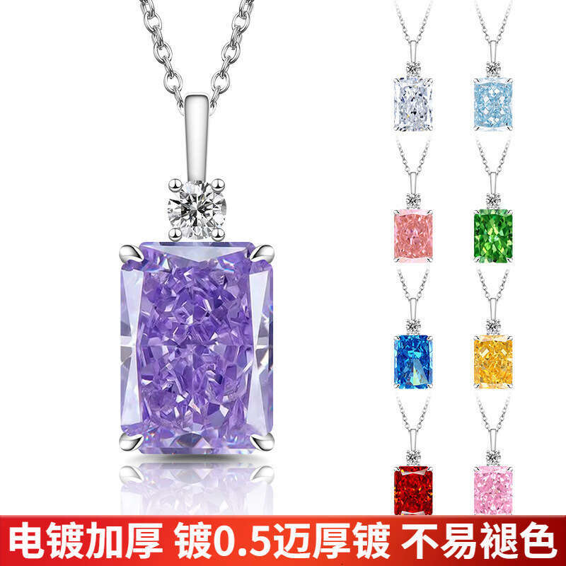 Live High Carbon Gem Square Pendant Perfume Bottle Ice Flower Cut Colorful Dia Sparkling Necklace for Women 45f