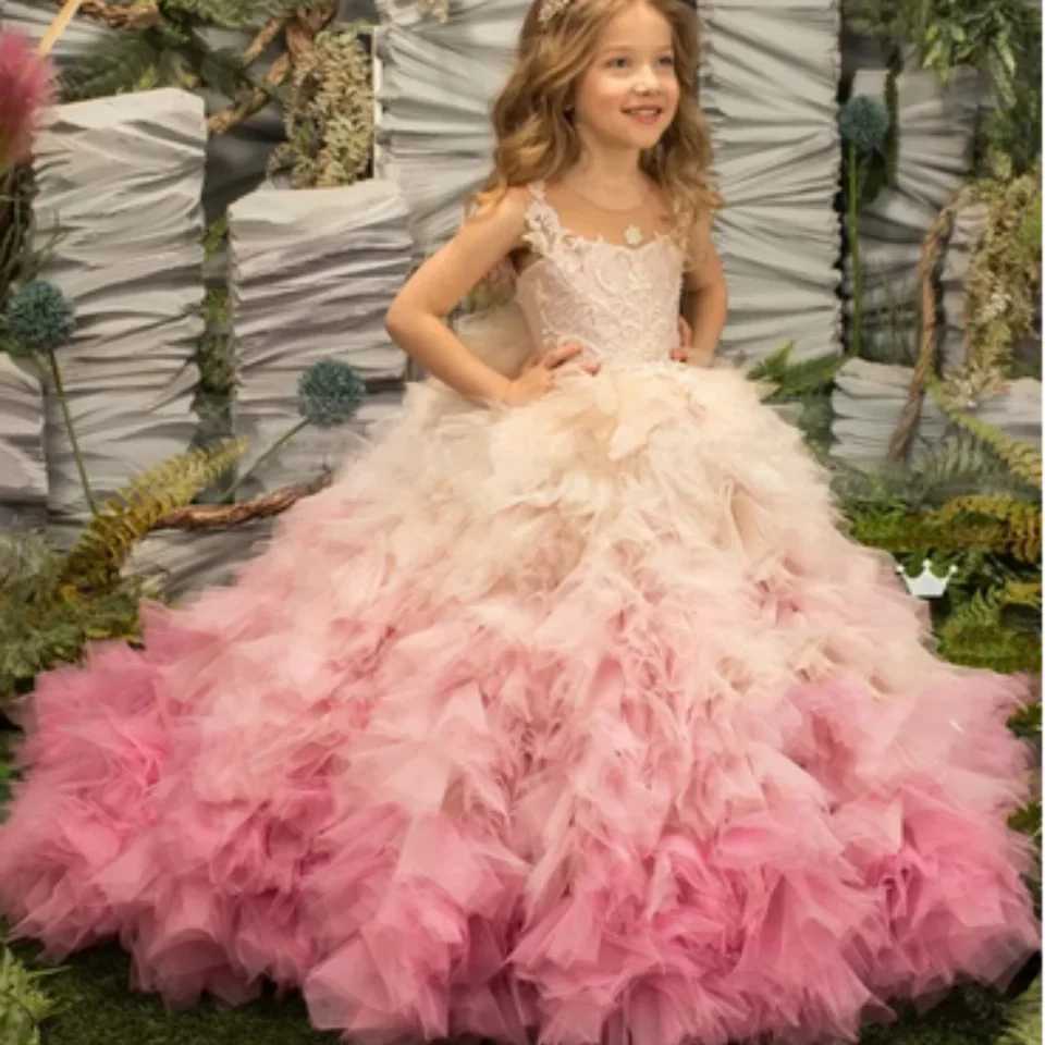 Pink Girl Princess Dress Lace Puffy Flower Girl Dresses Sleeve Cute Girl Birthday Dress Wedding Party Dress Baby Dress Z250716