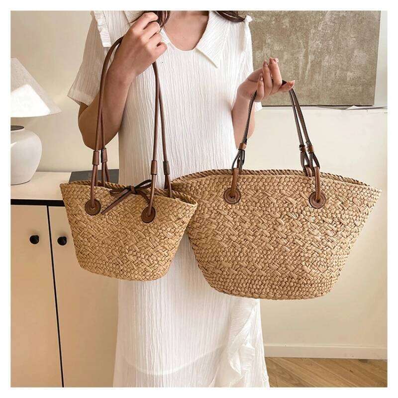 Retro Casual Style Large Capacity, Women's One-Shoulder Hand-Woven Straw Travel And Vacation Beach Woven Bag Shoul