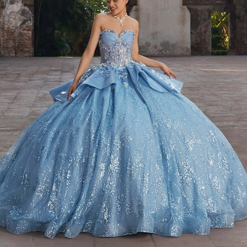 Blue Shiny Quinceanera Dresses Ball Gown Off The Shoulder Sequin Applique Lace Beading Crystal Tull Party Birthday Sweet 16 Dress Vestidos 15 De Anos