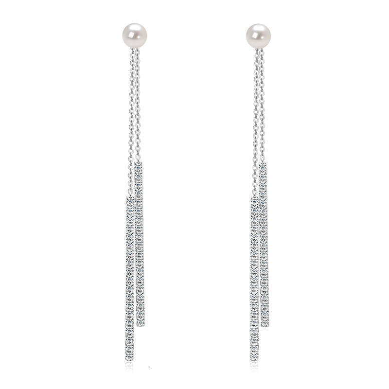 New Fashionable Versatile Crystal Zircon Tassel Long Earrings With Pure Sier Pearl Ear Accessories B21