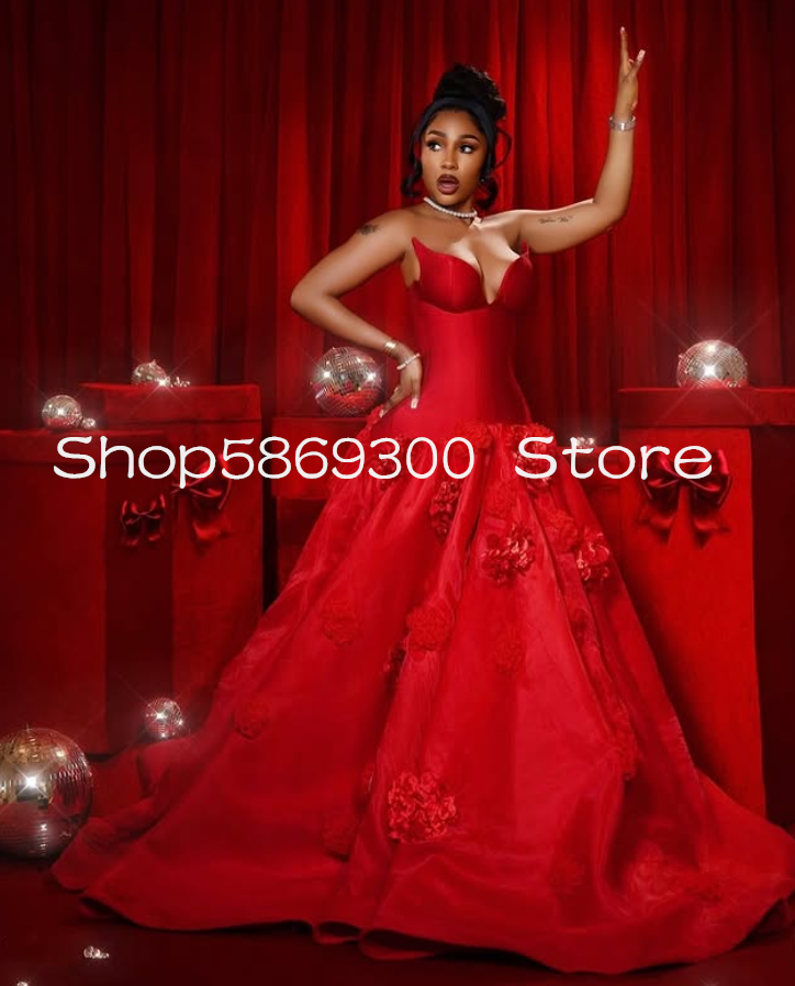 Red A-line Princess Evening Formal Dresses Sweetheart Tulle 3D Floral Ruched African Aso Ebi Prom Gala Gown Customsized