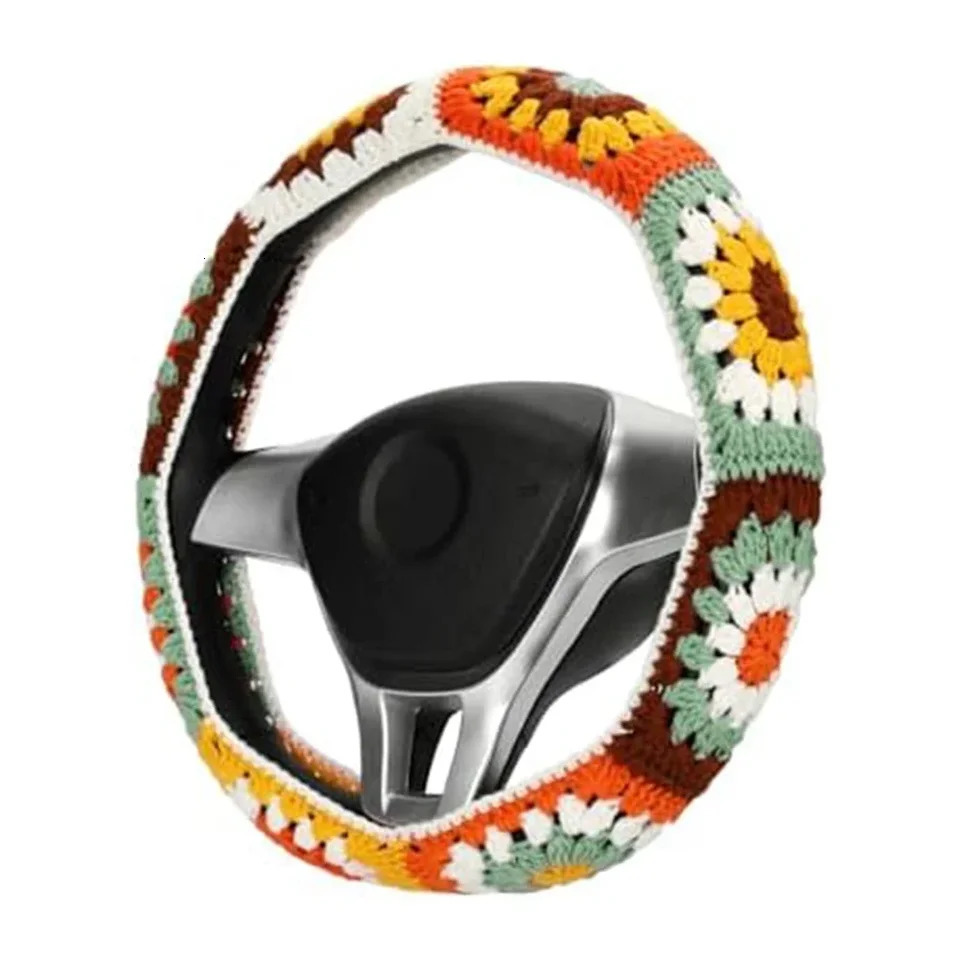 14-15 Inch Crochet Sunflower Steering Wheel Cover Set Knitted Sunflower Orange Brown Small Flower Style Steering Wheel Cover 250715
