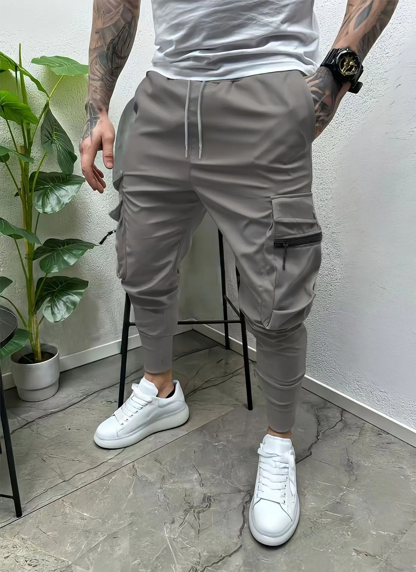 Mens spring and autumn drawstring casual multi-pocket leg slim-fit street overalls outdoor trend pants and fitness pants 250715
