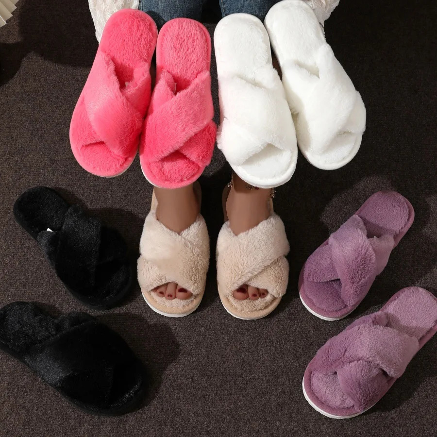 CrissCross Band Plush House Slippers for Women Open Toe Soft Sole Fuzzy Home Shoes Woman Winter Cozy Warm Indoor Floor Slippers 250716