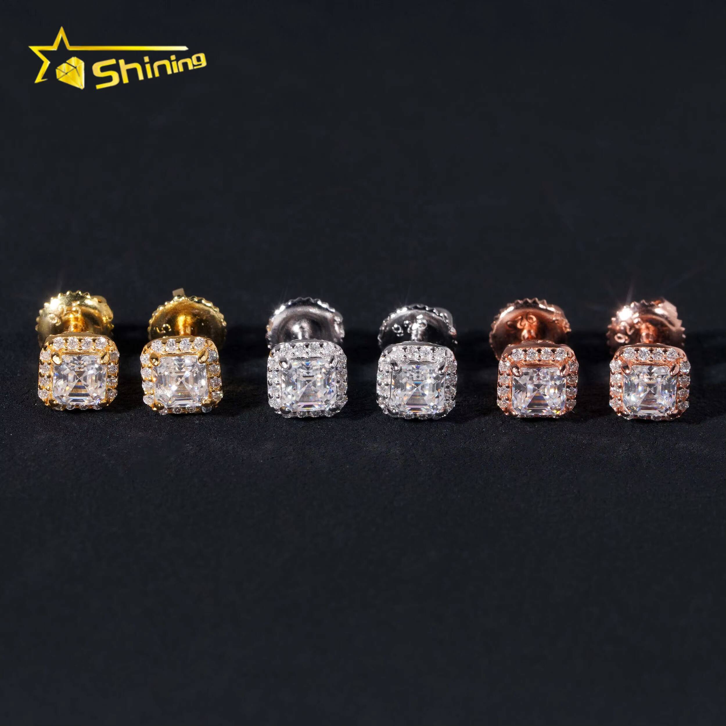 Pass Diamond Tester 925 Sterling Silver Hip Hop Stud Halo 4mm Asscher Cut Mens VVS Diamond Earring