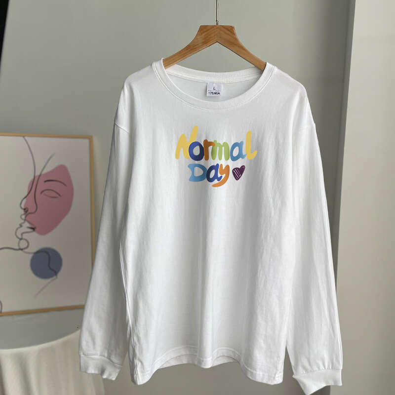 American Text Printed T-Shirt Women Round Neck Loose Cotton Long Sleeve Top 0G B5