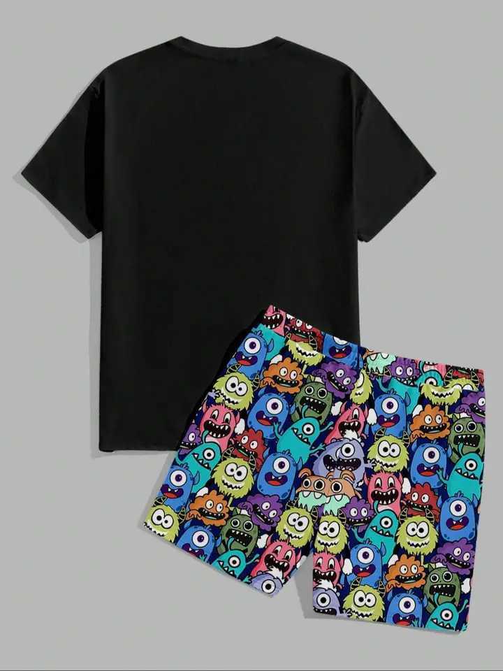 Manfinity Mens pajama set with short-sleeved shirts printed with letters and shorts with all-over prints short-sleeved and sho W250717