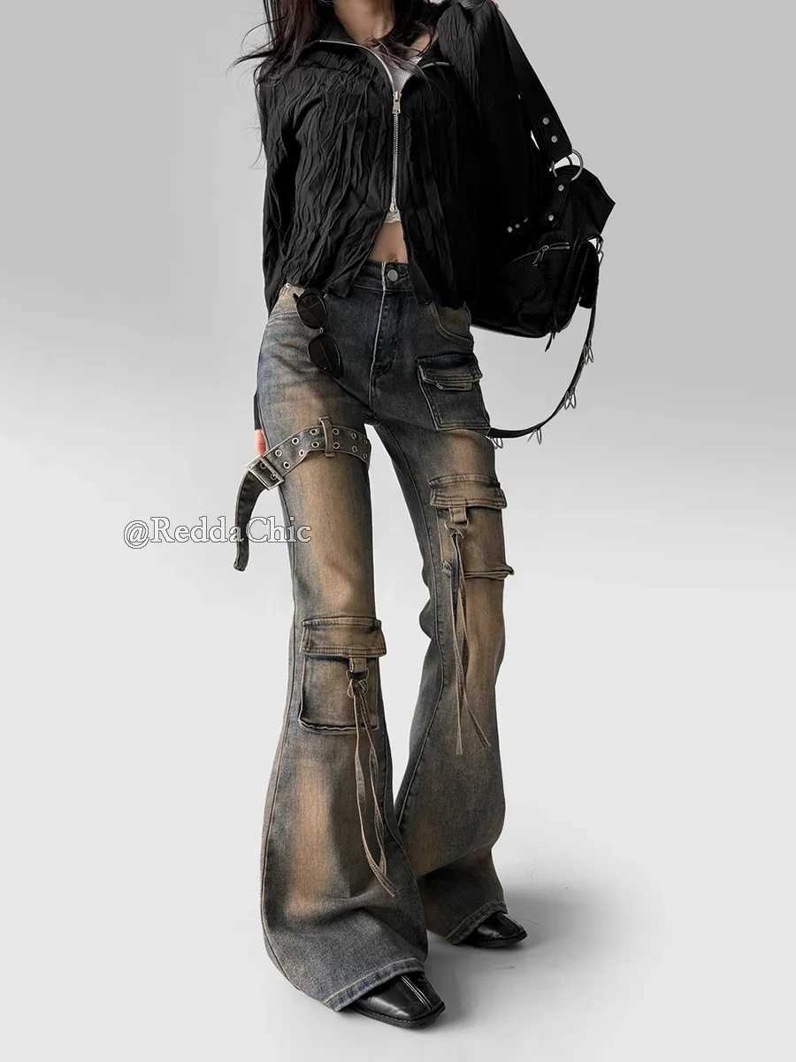 Reddachich Women Low Waist Flare Cargo Jeans Vintage Washed Belted Fitted Bootcut Pants Bell Bottoms Do Old Y2K Korean Streetwear R250716