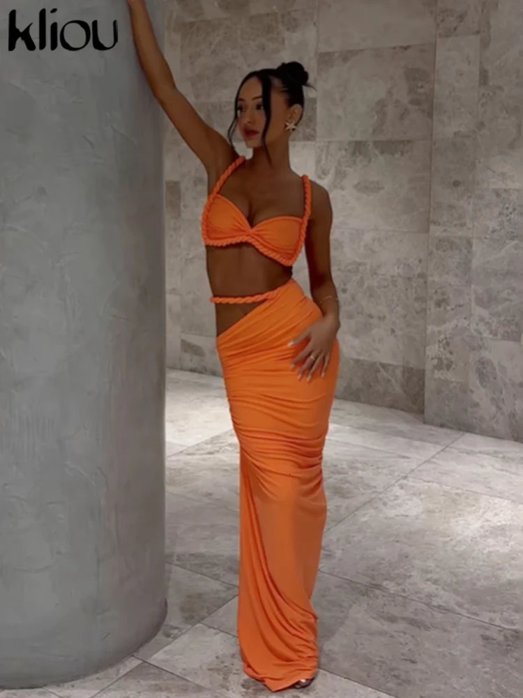 kliou Woven Sexy Women 2 Piece Set Stunning Solid Pleated Crop CamisolesHigh Waist Maxi Skirts Female Trend Vacation Outfit 250714
