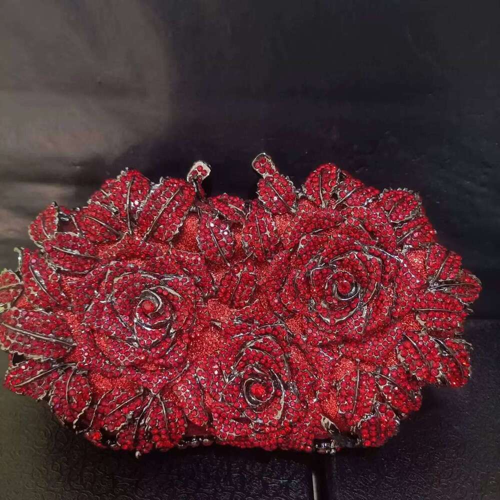 Pink Blooming Rose Woman Crystal Wedding Bridal Clutches Purses Formal Dinner Banquet Dia Handbags Party Evening Bags