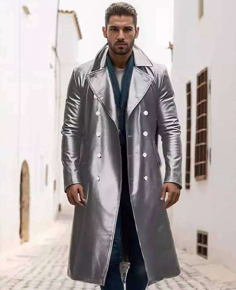2024 Spring And Autumn Coat Long Windbreaker Men's Double-Breasted Leather Jacket