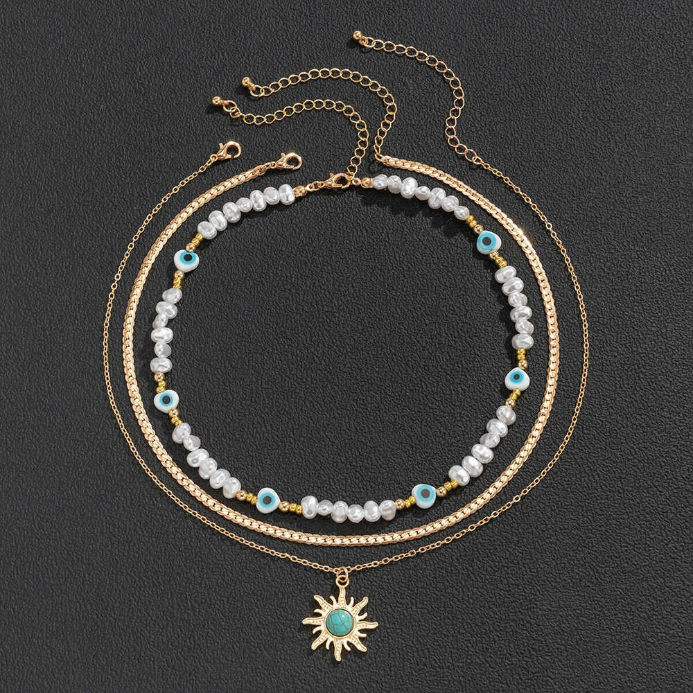 Trendy Eight-Pointed Star Pendant Necklace Layered High-End Demon Eye Imitation Pearl Jewelry for Women