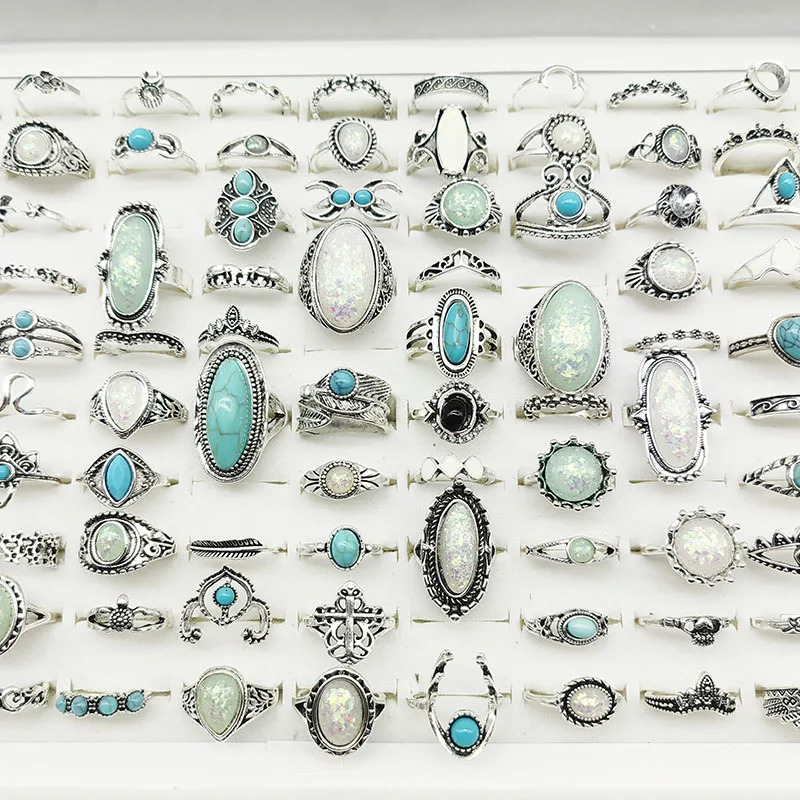 50pcs/Lot Wholesale Big Opal Stone Finger Rings For Women Bohemia White Enamel Acrylic Water Drop Carved Hollow Jewelry Girl 250716
